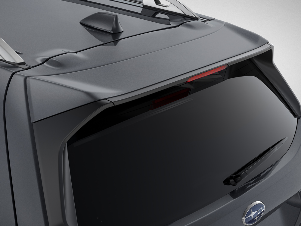 Close up of 2023 Forester rear roofline spoilers
