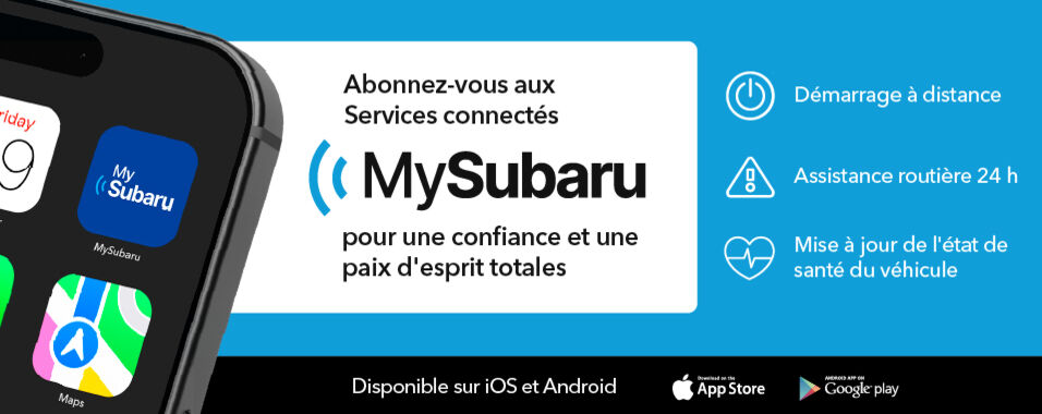 Le système de Services connectés MySubaru®1 est une technologie véhiculaire qui relie votre Subaru au monde qui l'entoure